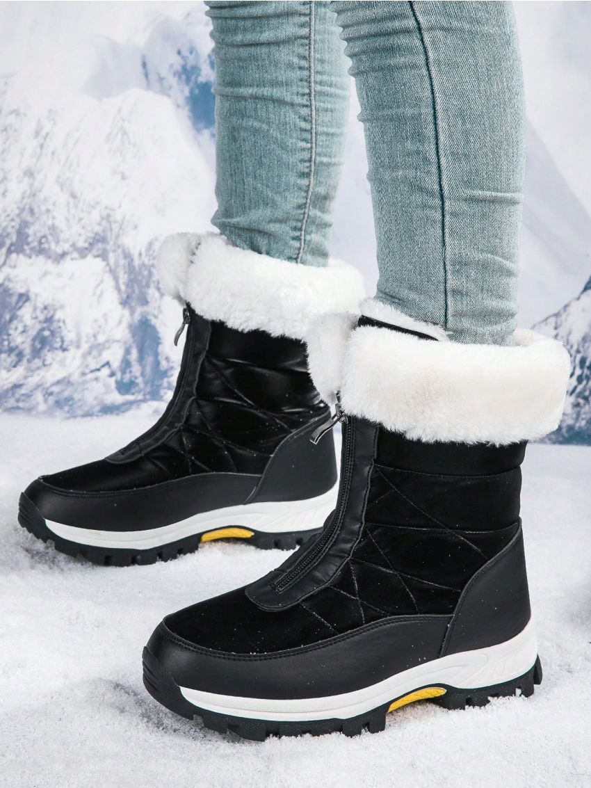 Black Zipper Mid-calf Boots With Warm Lining, Suitable For Outdoor Hiking
