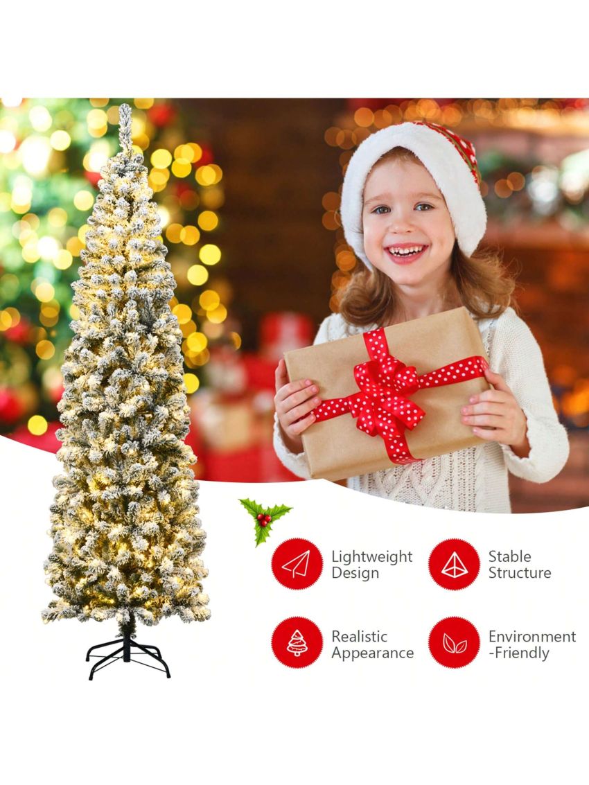 Gymax 7.5ft Pre-lit Pencil Snow Flocked Pencil Christmas Tree Holiday Decoration