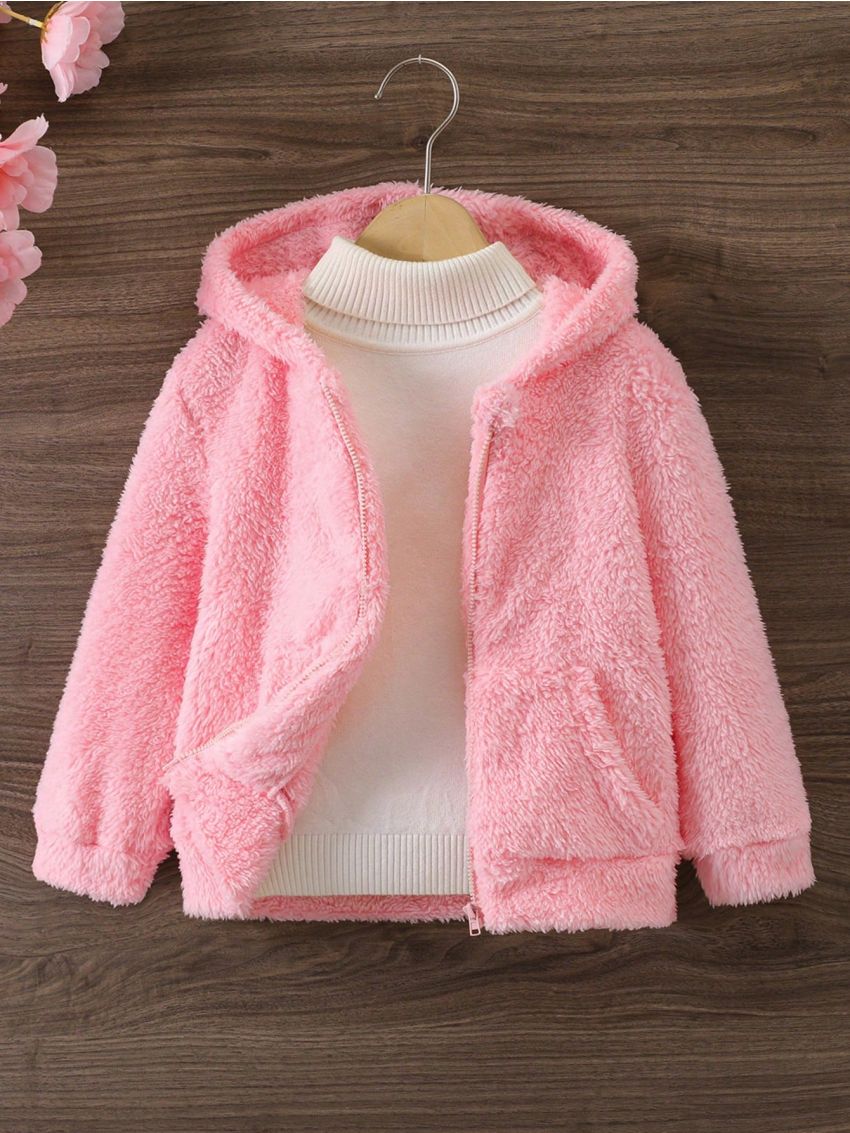 SHEIN Kids EVRYDAY Girls' Hooded Zip-up Plush Jacket For Toddler