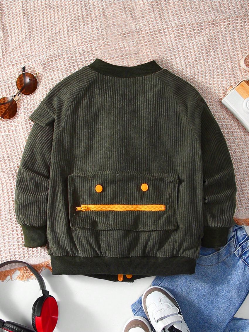 SHEIN Boys' Casual Comfortable Embroidered English Logo Fleece Baseball Jacket