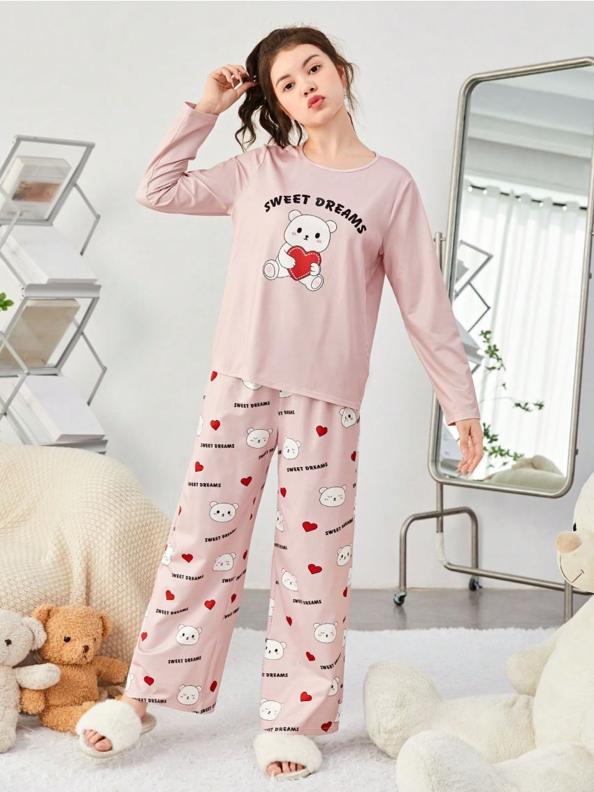 SHEIN 2pcs Teen Girls' Letter & Little Bear Pattern T-shirt And Pants Homewear