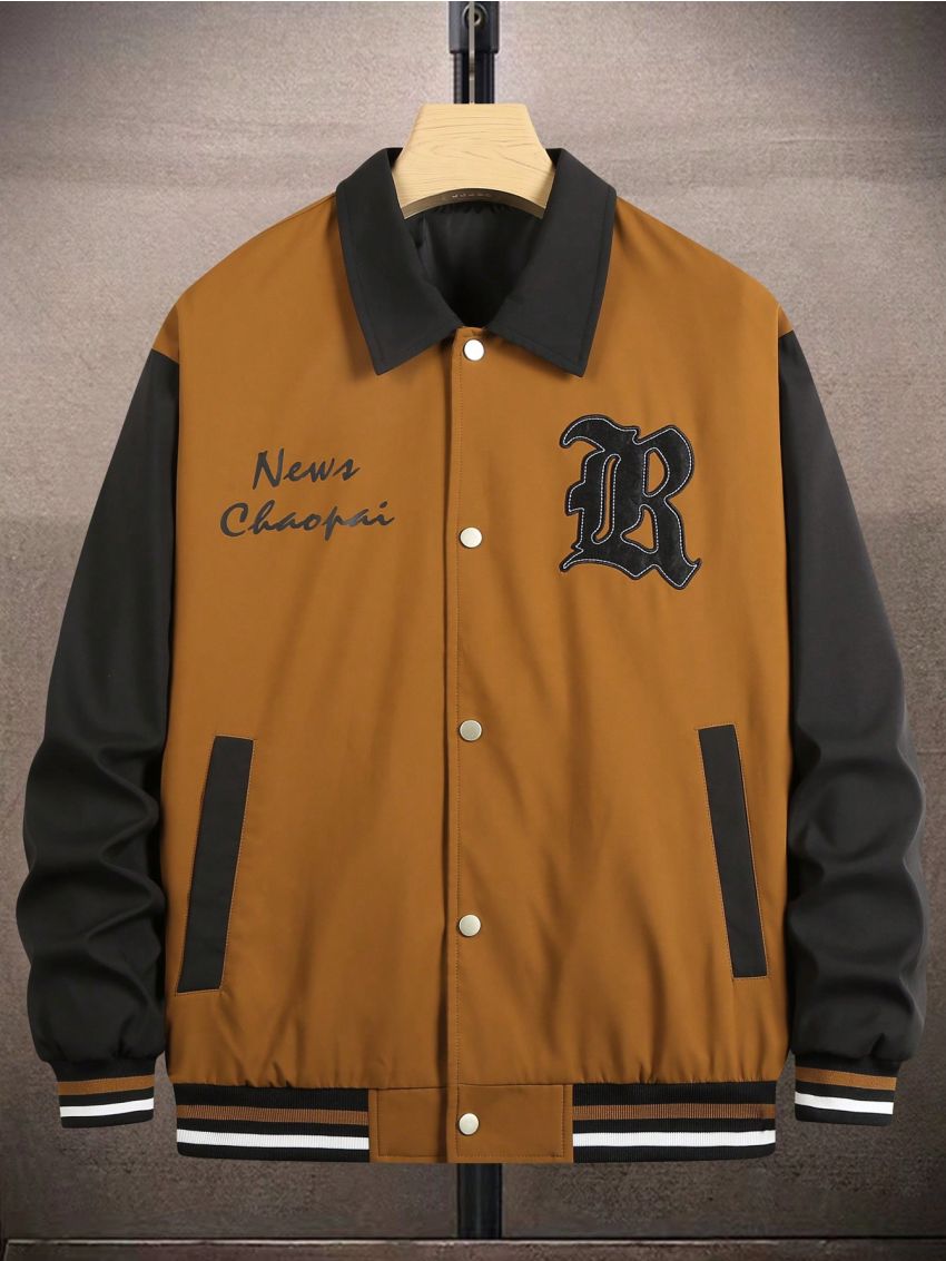 Manfinity Homme Men Letter Patched Striped Trim Drop Shoulder Varsity Jacket