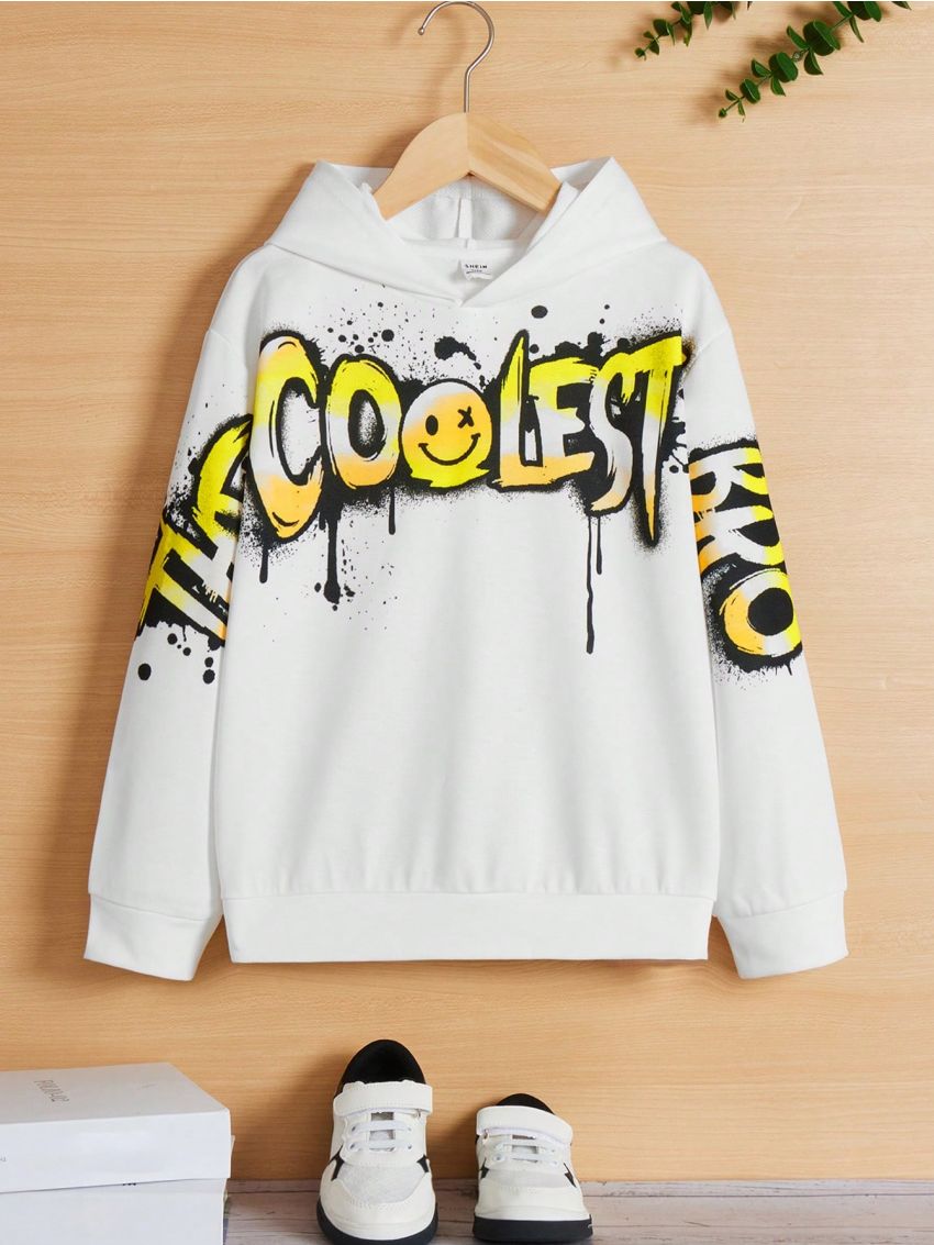 SHEIN Boys' Street Style Graffiti Font Ink Splatter Print Fleece Hoodie, Winter
