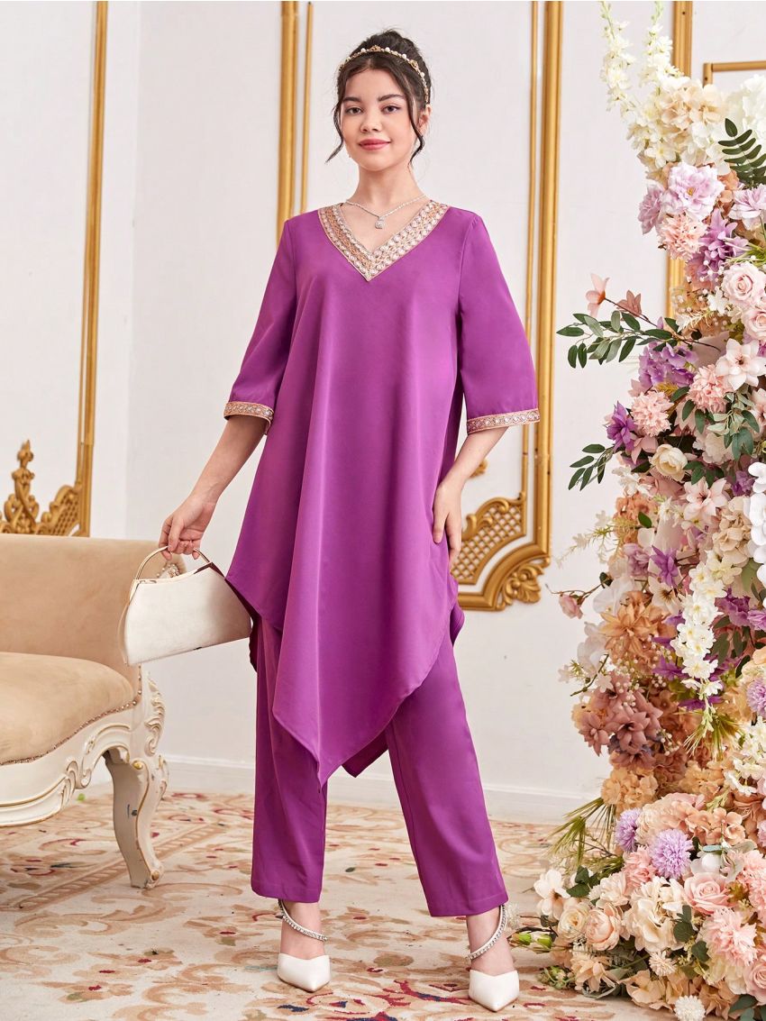 SHEIN Teens' Woven Solid Color Gold Ribbon Trimmed V-Neck Shirt And Pants Set