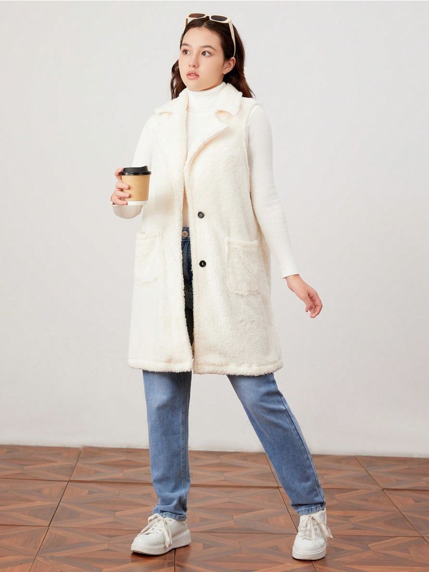 Teen Girl Lapel Neck Dual Pocket Fuzzy Vest Coat