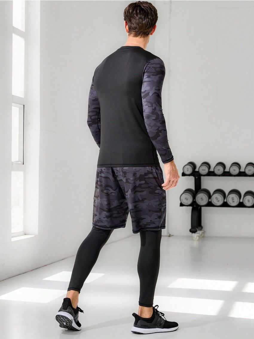 Men's Camouflage Print Long Sleeve T-Shirt, Shorts And Leggings Sports Set