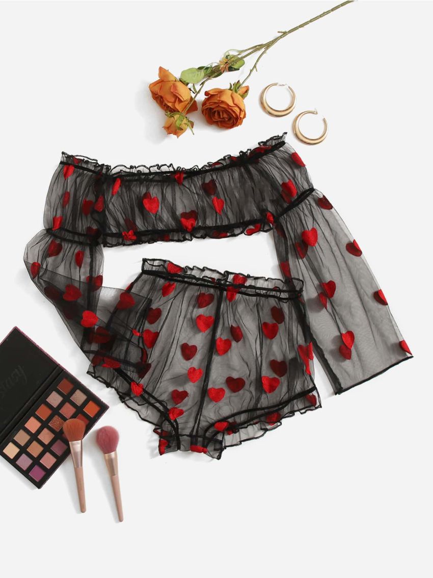 Heart Embroidery Mesh Lingerie Set