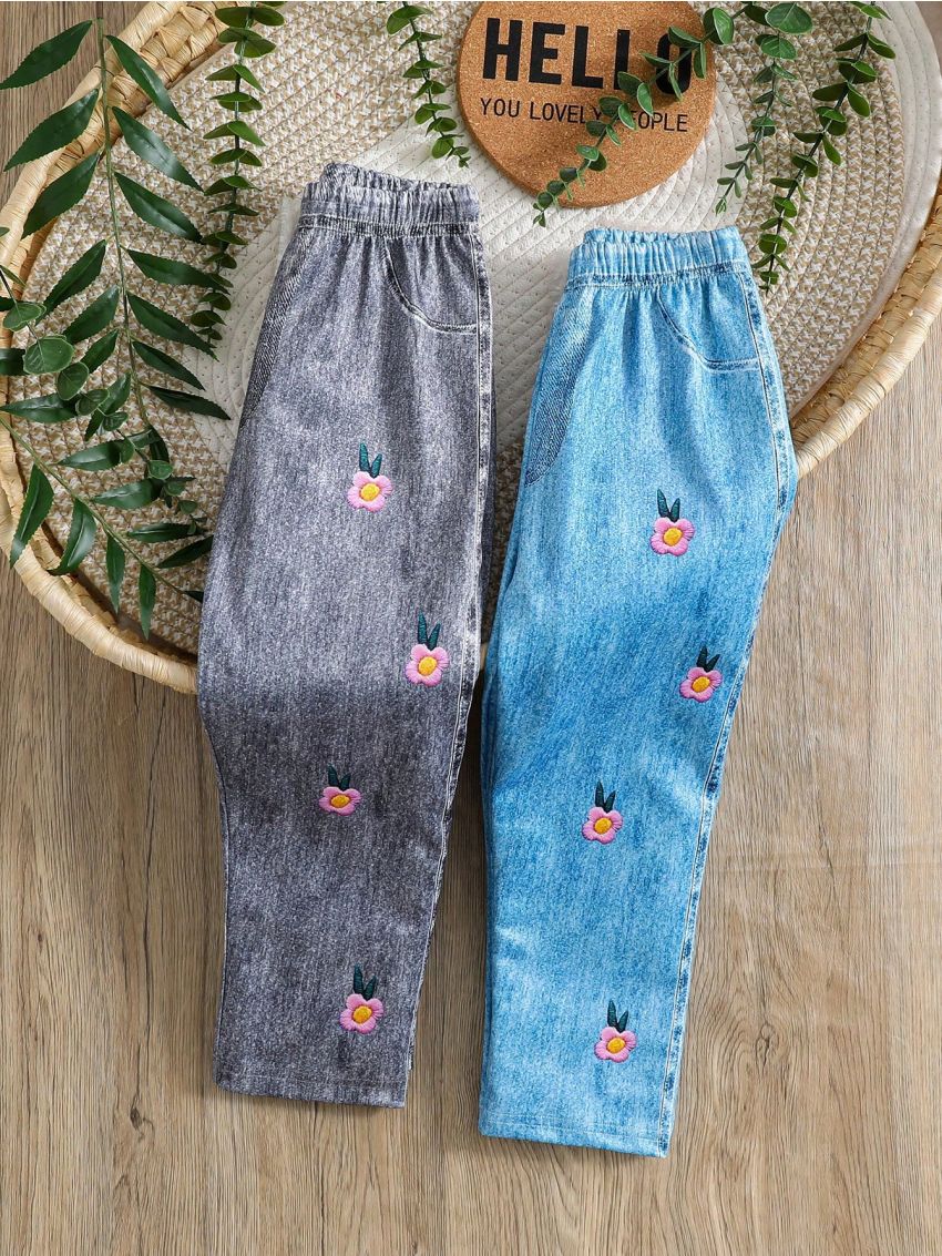 SHEIN Kids EVRYDAY Imitation Denim Digital Digital Printing Girls Bottoms Outdoor Sports Casual Girls Pants Autumn And Winter Children's Two-Piece Clothes