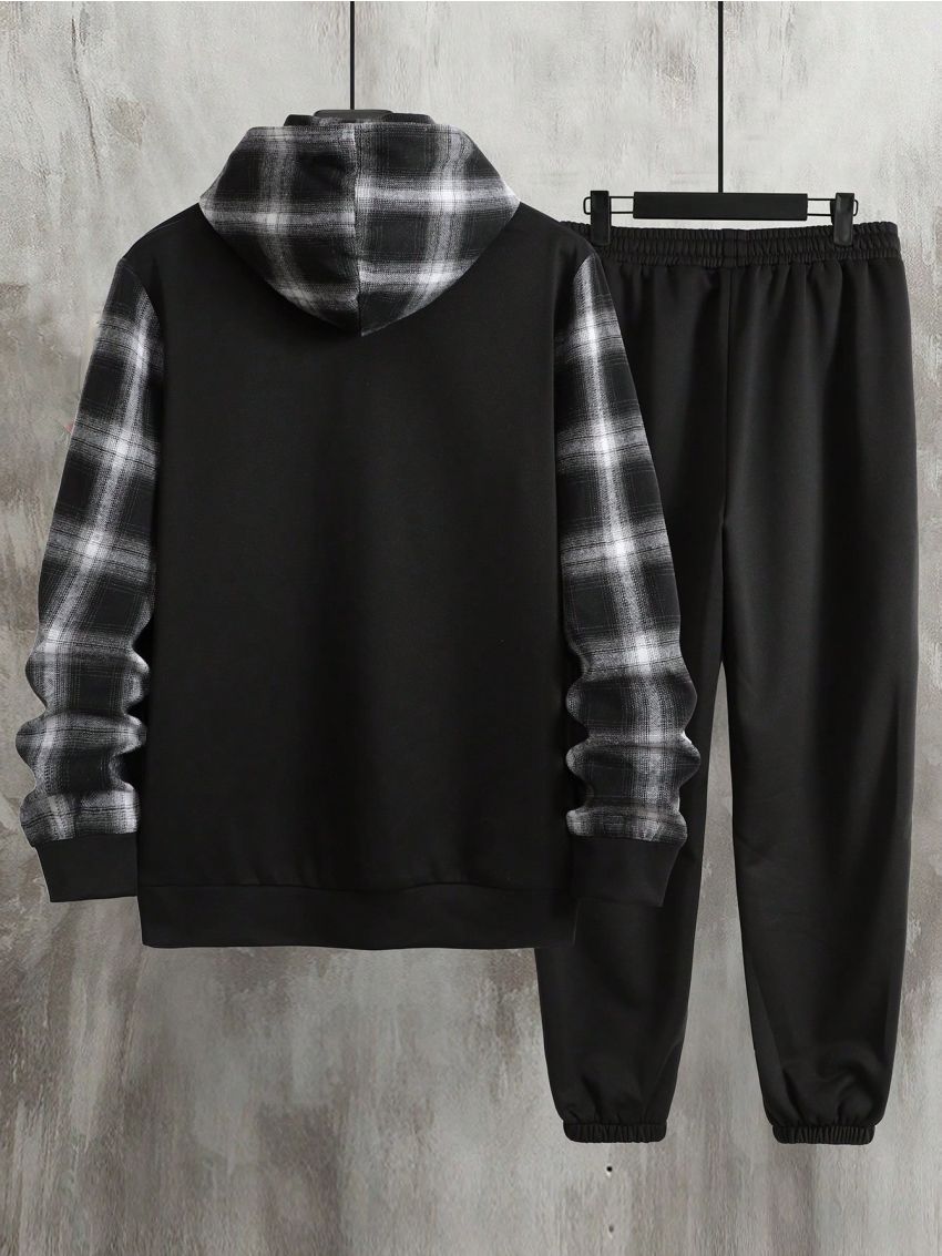 Manfinity Homme Men's Black Plaid Hooded Sweatshirt And Sweatpants Set