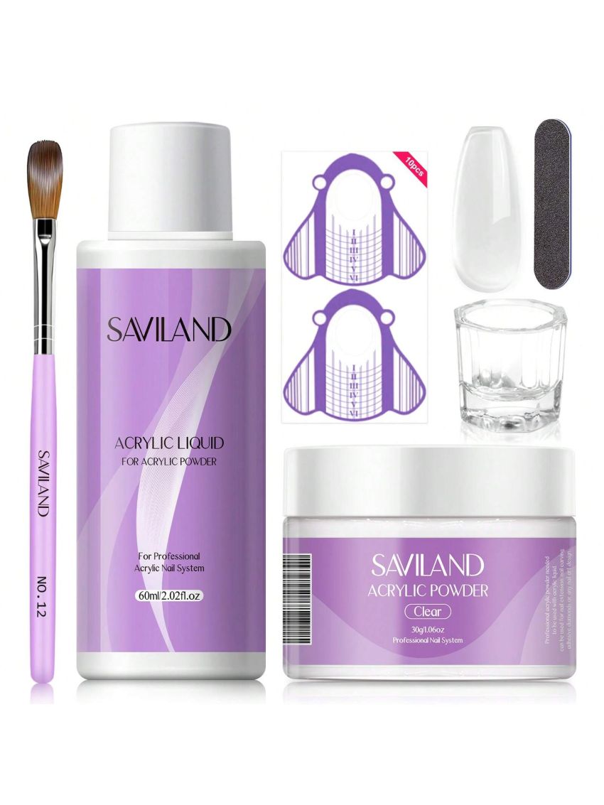 Saviland Acrylic Nail Kit – 30g Clear Acrylic Powder and 60ml Acrylic Liquid Set with Acrylic Nail Brush Nail Forms Tools Set Extension Nail Kit for Beginners with Everything for Home DIY Salon Acrylic Nails Application