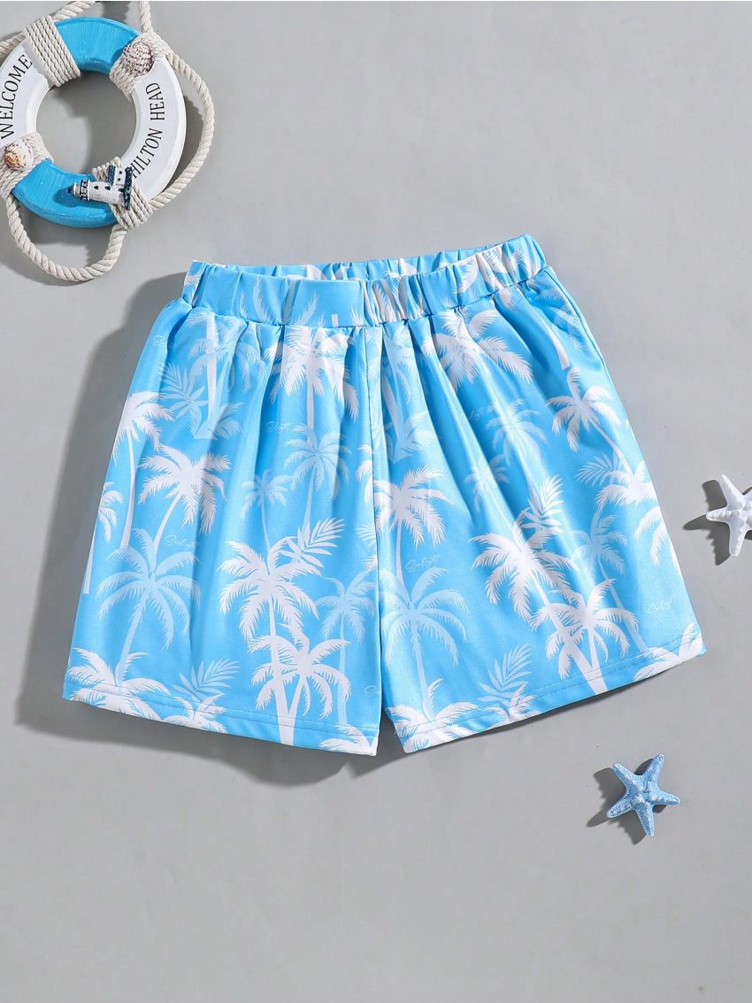 SHEIN Tween Boy's Casual Vacation Palm Tree Print Tight Knit Swim Trunks