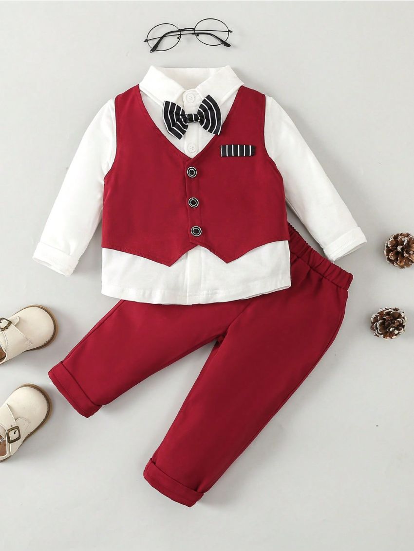 Baby Boys' Gentleman Outfit, 3pcs/Set, Including Bow-Tie Shirt, Double Breasted Vest And Long Pants