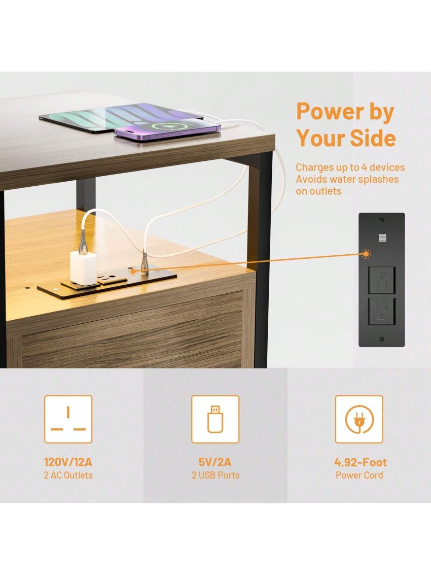 GINRGINR LED Nightstand Charging Station, Wood Nightstand with 2 Deep Drawers & Shelves, Bed Side End Table for Bedroom & Living Room, Rustic Brown, Rustic Grey, 15.7