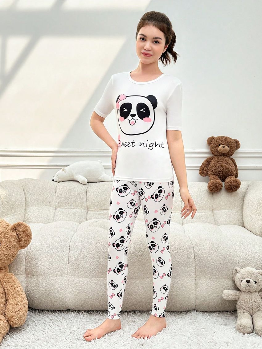 Teen Girls' Cute Panda & Letter Print Tight Homewear Set 2pcs