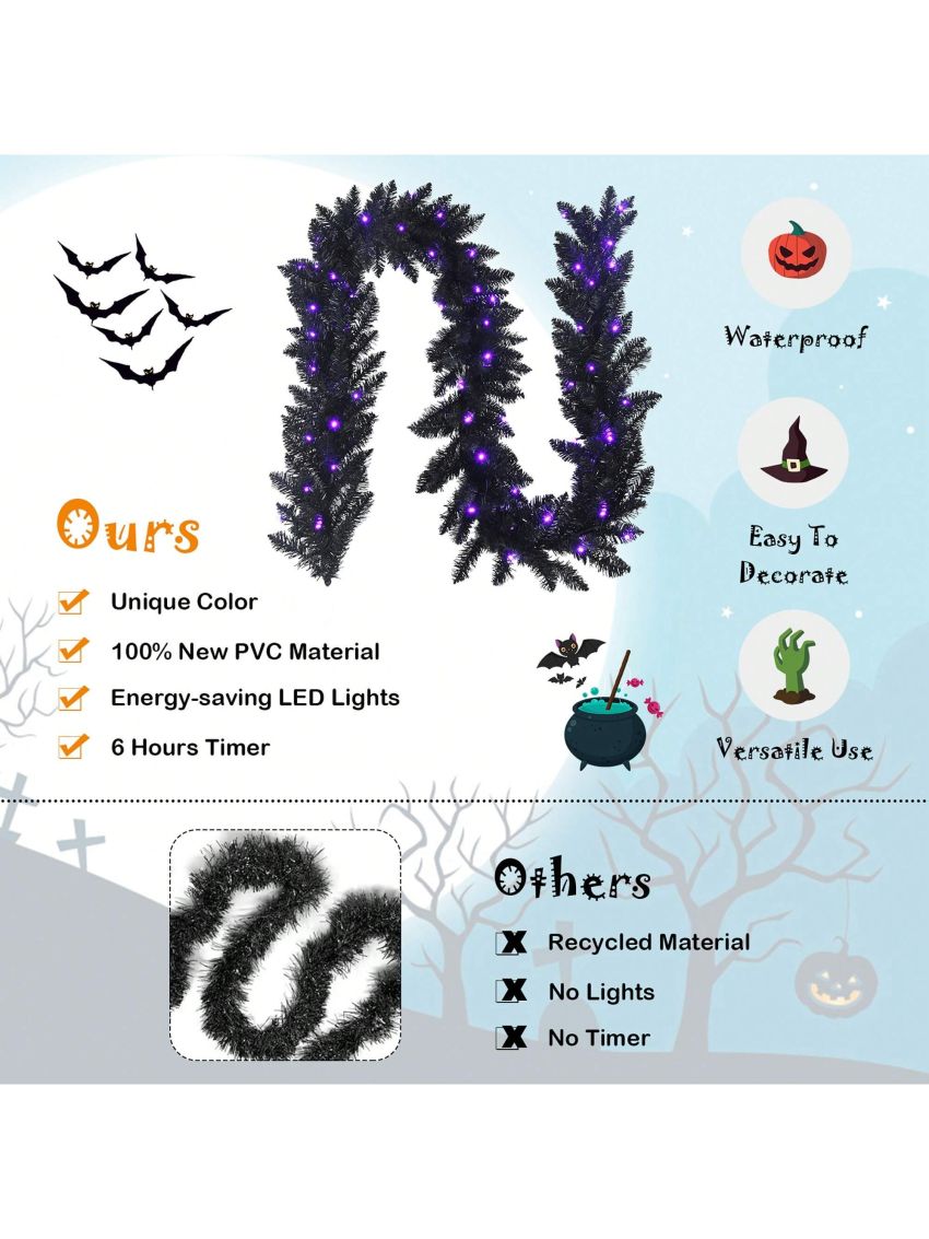 Costway 9ft Pre-lit Christmas Halloween Garland Black w/ 50 Purple LED Lights