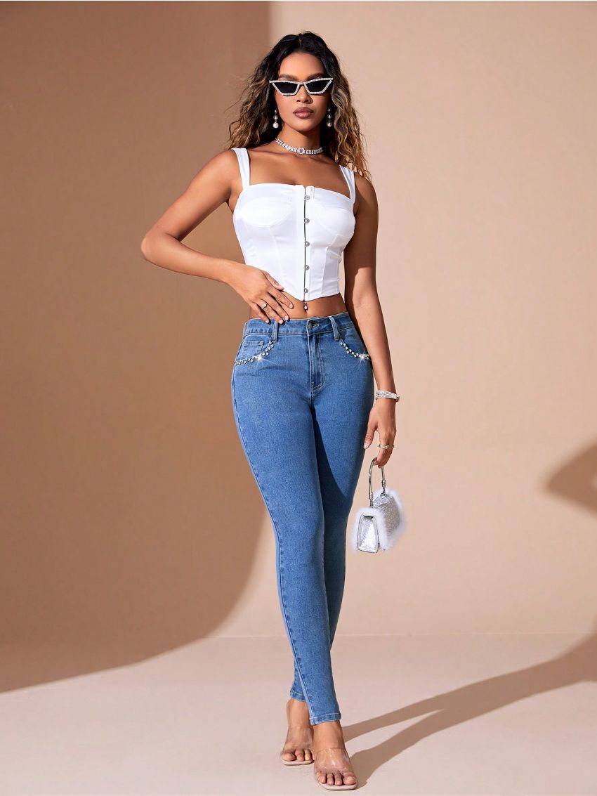 SHEIN BAE Women's Fashionable Rhinestoned Denim Tights