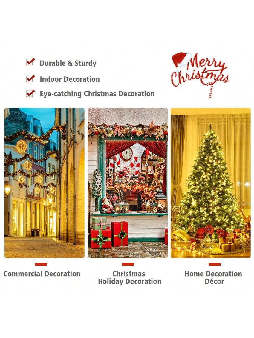 Gymax 7.5' Artificial Pre-Lit Christmas Tree Hinged LED Lights Pine Cones Metal Stand