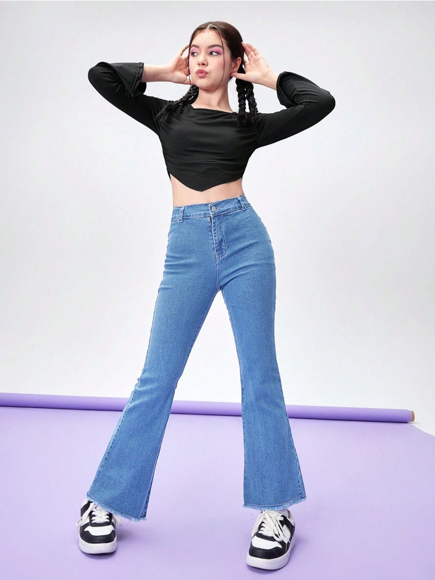Teen Girls' Casual Comfortable Basic Flared Sleeved Top And Hem Flared Jeans