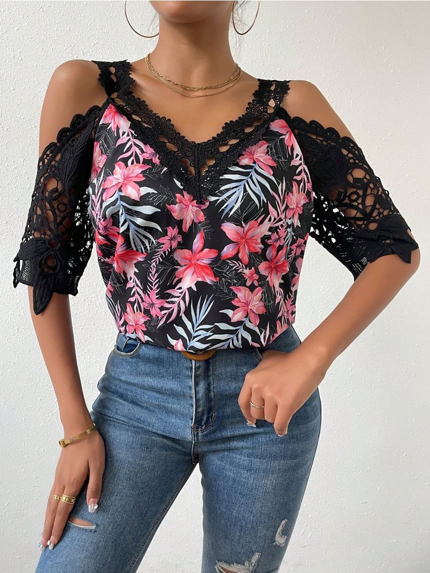 SHEIN VCAY Tropical Print Guipure Lace Panel Cold Shoulder Blouse