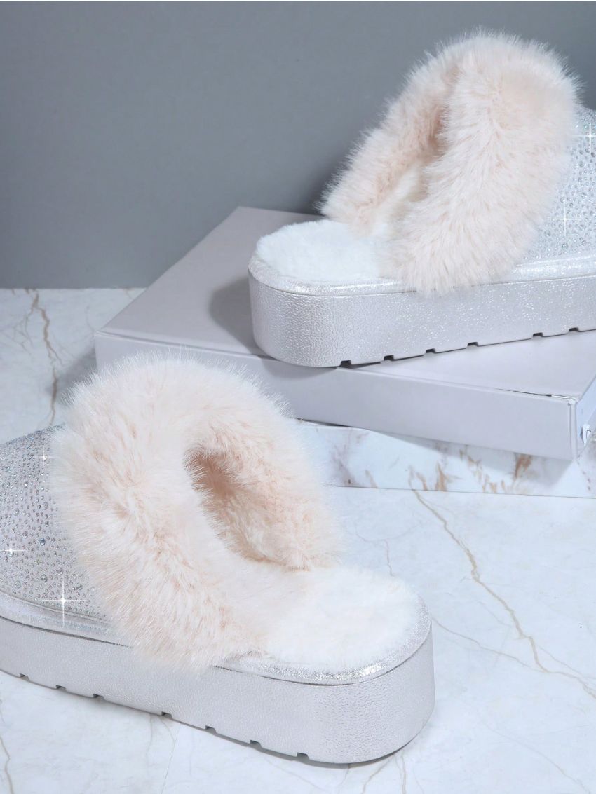 Fuzzy Detail Slip On Flatform Slippers