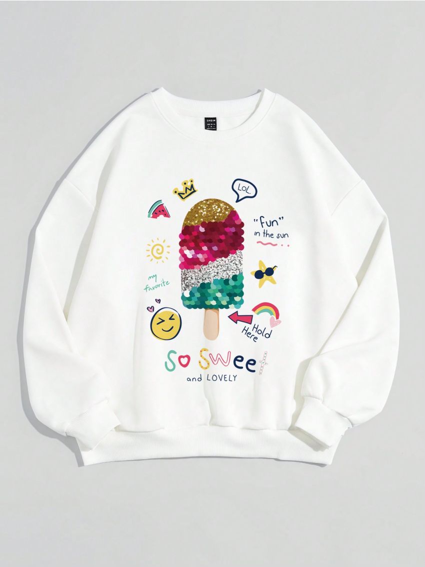 SHEIN Qutie Cartoon & Slogan Graphic Drop Shoulder Sweatshirt