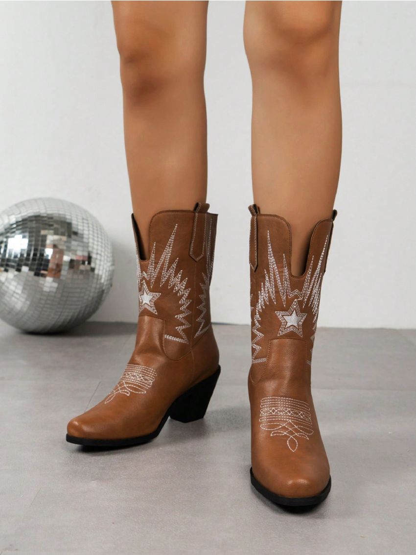 2023 New Vintage Western Cowboy Boots For Women With Embroidery, V-shaped Mouth, Chunky Heel, Pointed Toe, Mid-calf, Knight, Single Boot, Autumn/winter