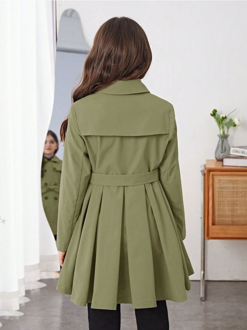 SHEIN Tween Girl 1pc Double Breasted Fold Pleated Belted Trench Coat