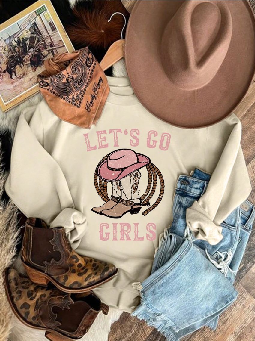 Cowboy Boots & Letter Graphic Thermal Lined Sweatshirt