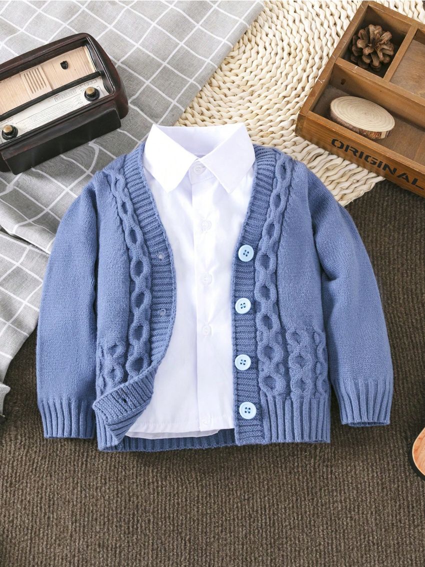 Infant Boys' Solid Color V-Neck Cardigan Sweater With Long Sleeve, Autumn And Winter