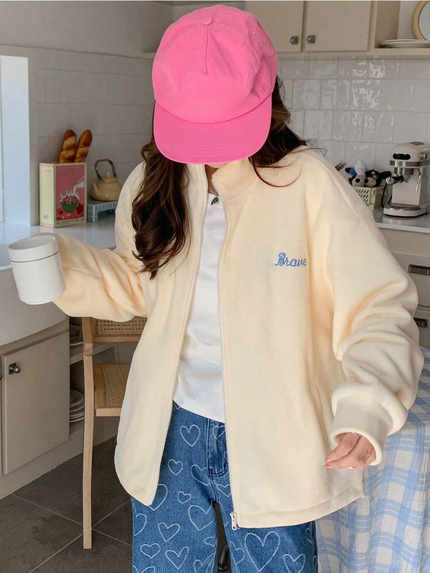 DAZY Text & Pattern Decor Stand Collar Zipper Closure Drop Shoulder Jacket