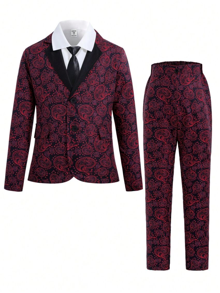 2pcs/Set Boy'S Printed Blazer Suit Jacket And Pants Set, Formal Wear