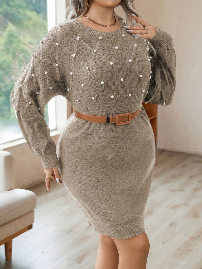 SHEIN Privé Plus Size Pearl Stud Embellished Knit Sweater Dress (belt Not Included)