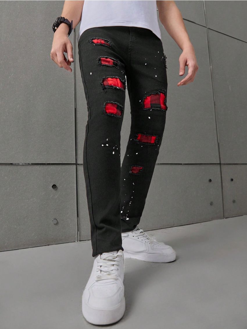 SHEIN Teen Boys' Distressed Jeans With Color Blocking And Spray-Paint Detailing And High Stretch Collar, Slim Fit Washed Casual Denim Pants