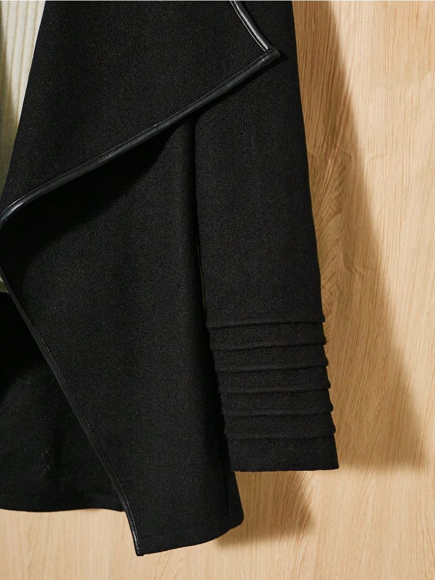 SHEIN Kids Nujoom Tween Girls' Oversized Retro Woolen Coat With Pu Trimmed Lapel Collar