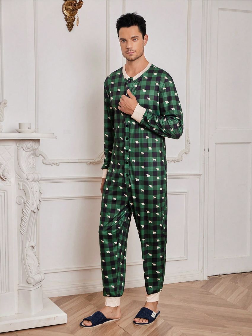 Men Gingham Print Button Up Lounge Set