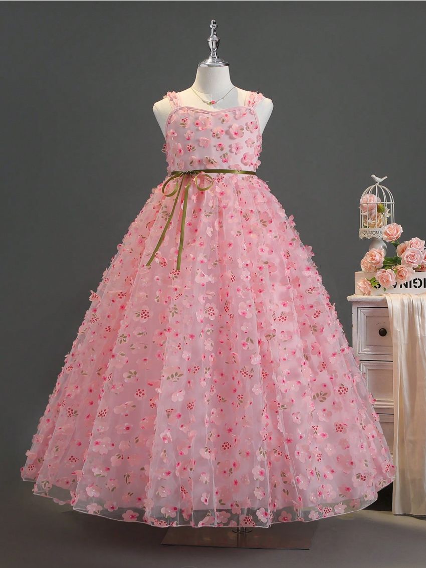 Tween Girls' Sleeveless Spaghetti Strap Dress With 3d Floral Decor, Suitable For Performance, Wedding, Evening Party, Birthday Party