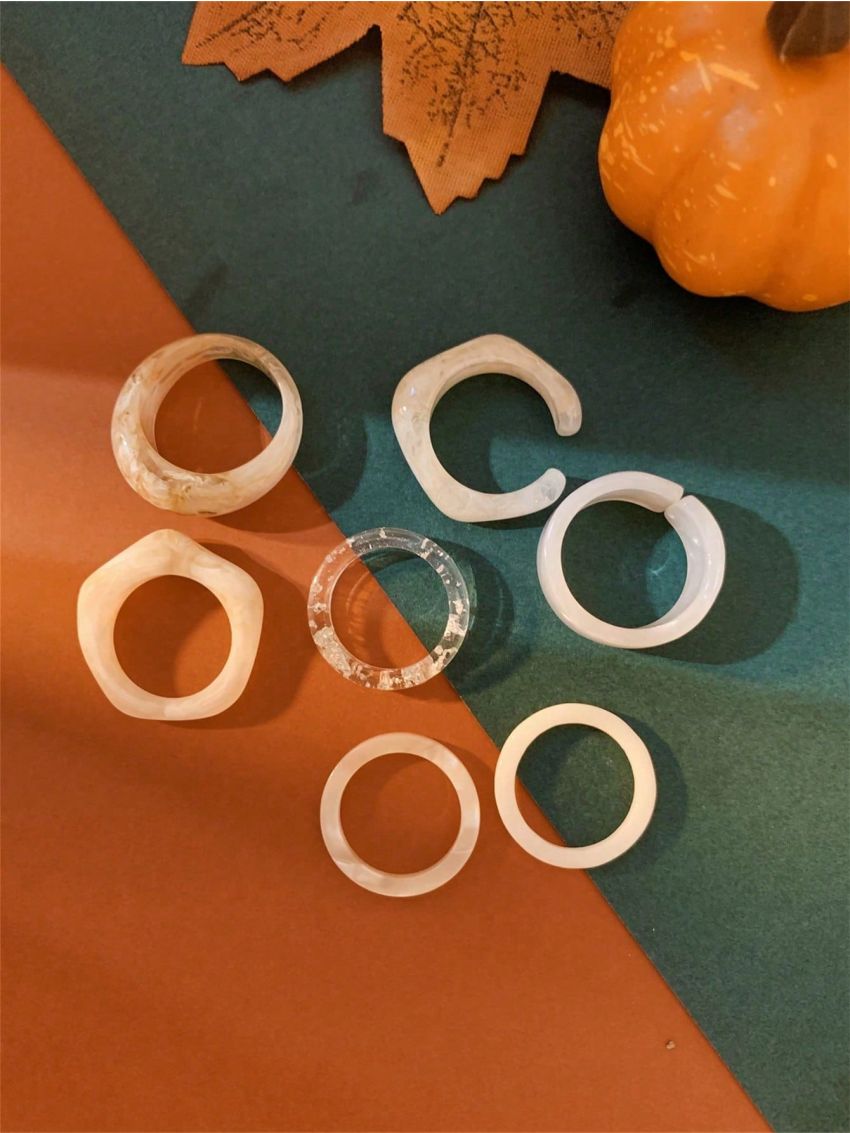 7-piece Set Of Thick Transparent Resin Rings With Personalized Matching Halo-dye Pattern And Irregular-shaped Rings (hand-made Halo-dye Process, Ring Patterns Are Different, And There Is Color Difference)
