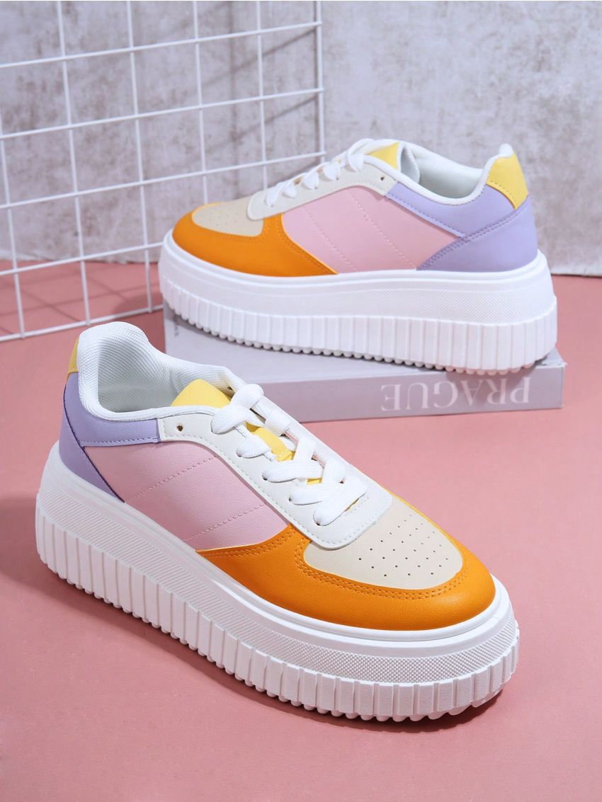 Colorblock Lace Up Front Flatform Sneakers