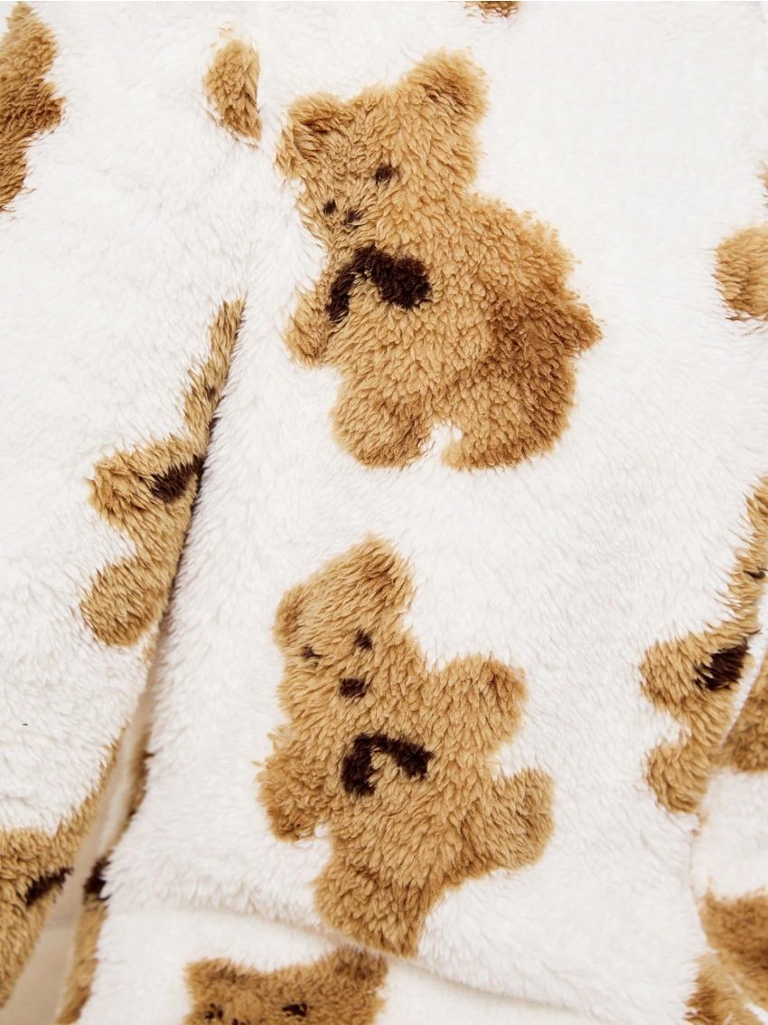 SHEIN Teen Girl Bear Pattern 3D Ear Design Hooded Flannel Jumpsuit