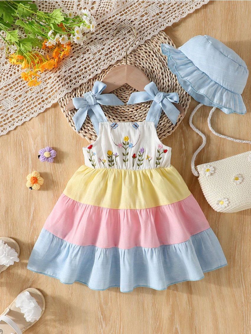 Summer New Arrival Baby Girl Embroidery Color Block Cake Camisole Dress With Hat