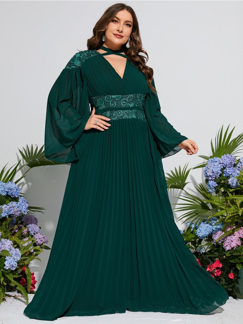 Plus Criss Cross Tie Back Lace Insert Pleated Hem Bridesmaid Dress