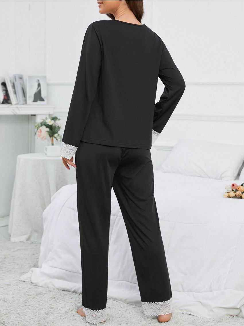 Maternity Contrast Lace Tie Front PJ Set