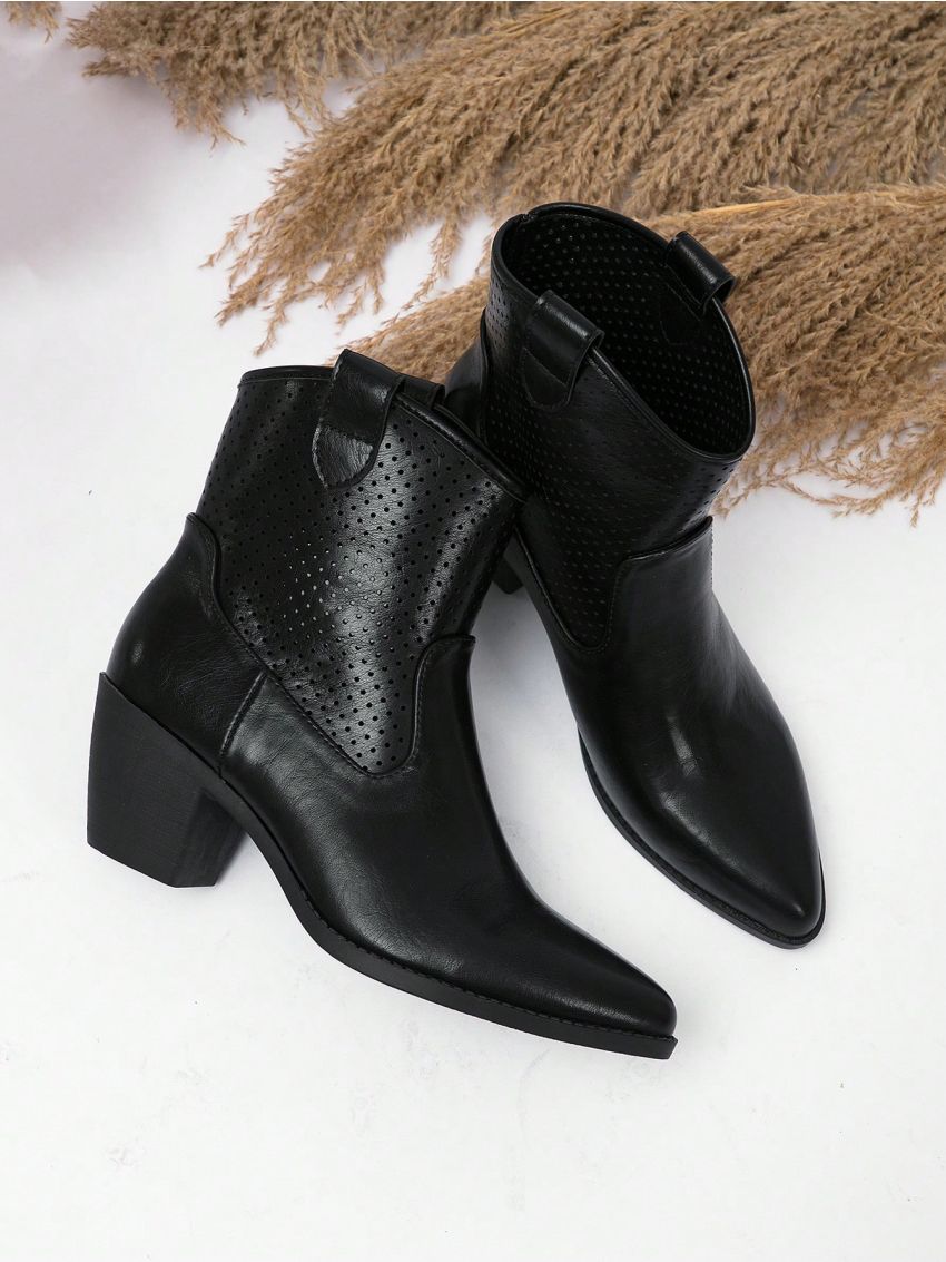 Women's Fashionable Pointed Toe Western Style Hollow Out Chunky Heel High Heel Boots