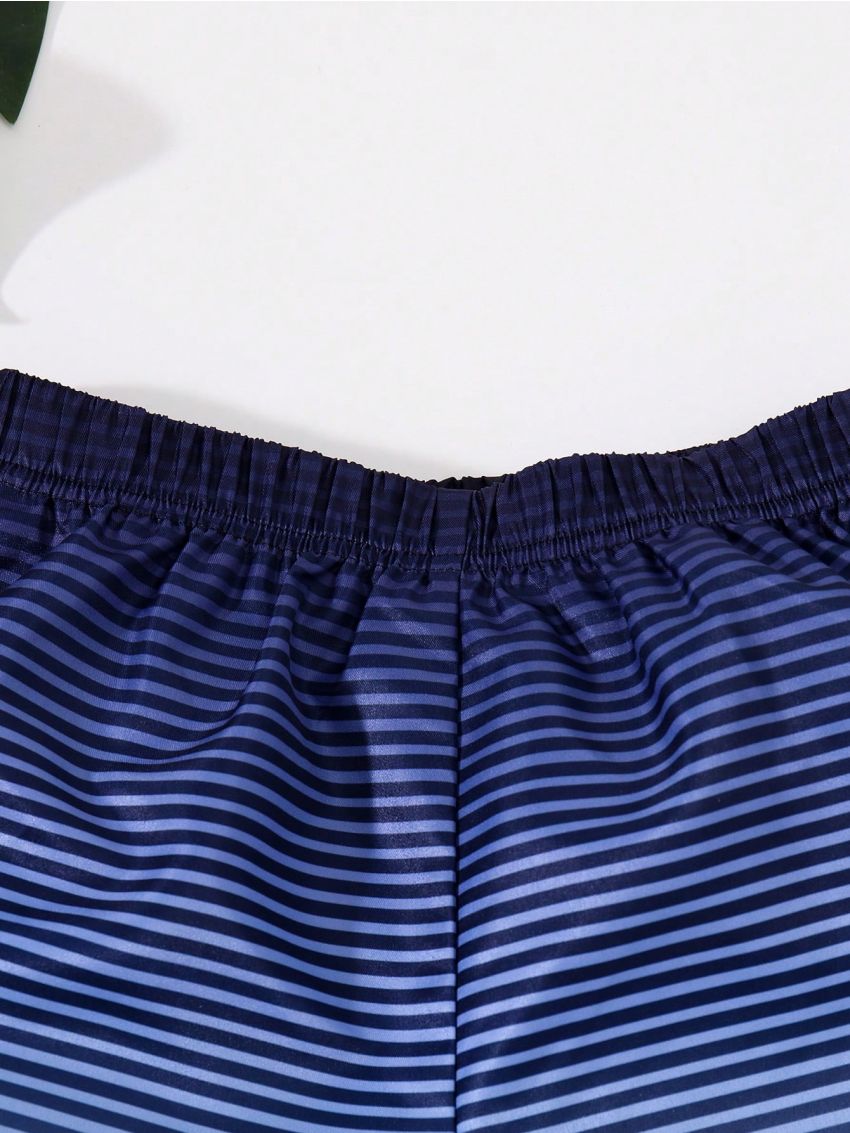 SHEIN Tween Boys' Casual Vacation Ombre Stripe & Print Swim Trunks With Loose Fit