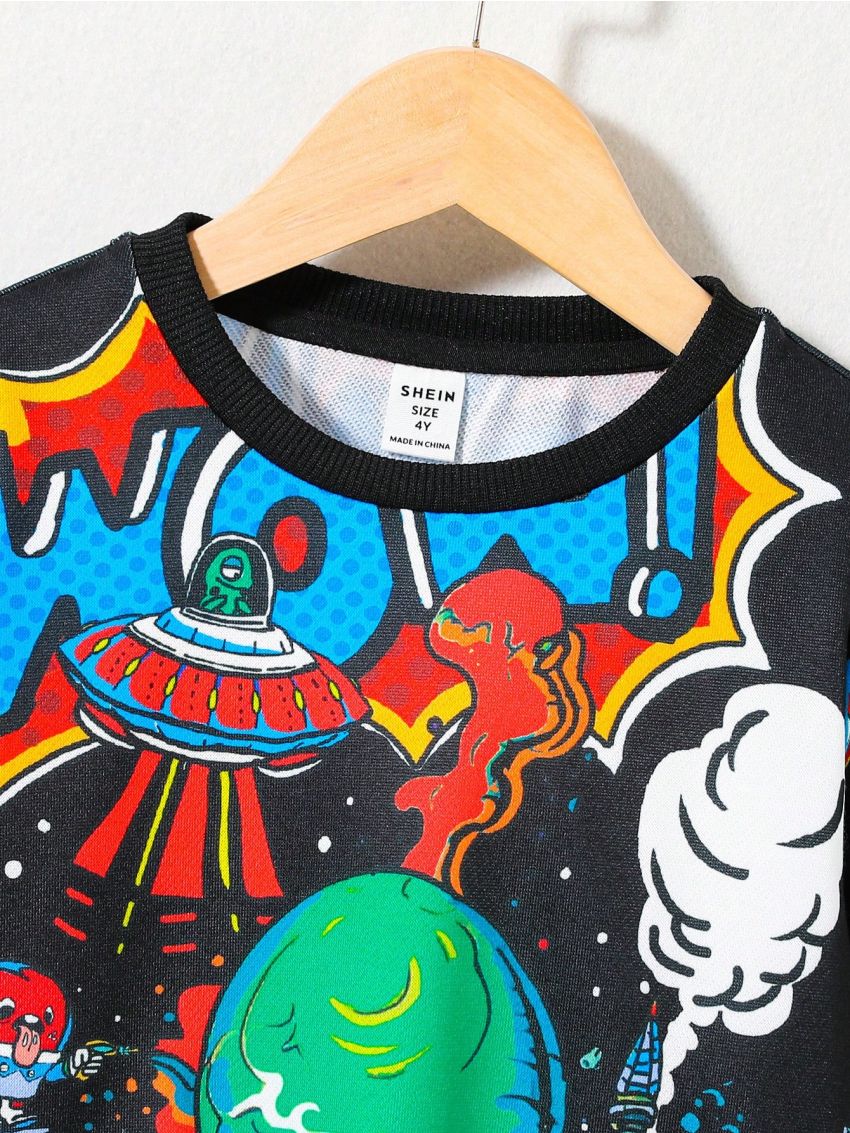 SHEIN Boys' Fun And Cute Comfortable Crewneck Sweatshirt, Alien & Ufo Print All-Over