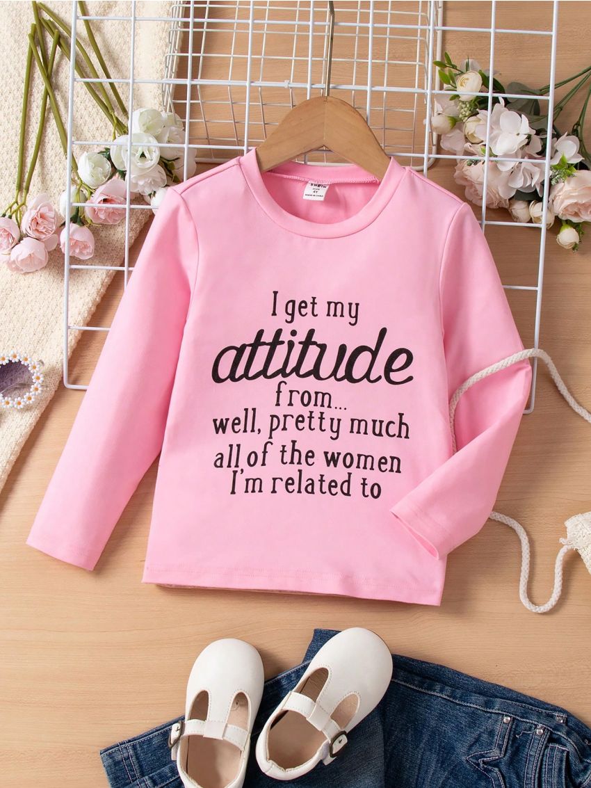 Girls' Round Neck Long Sleeve T-Shirt With Slogan Pattern