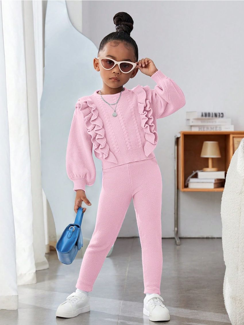 SHEIN 2pcs/set Girls' Ruffle Edge Sweater And Long Pants Outfit