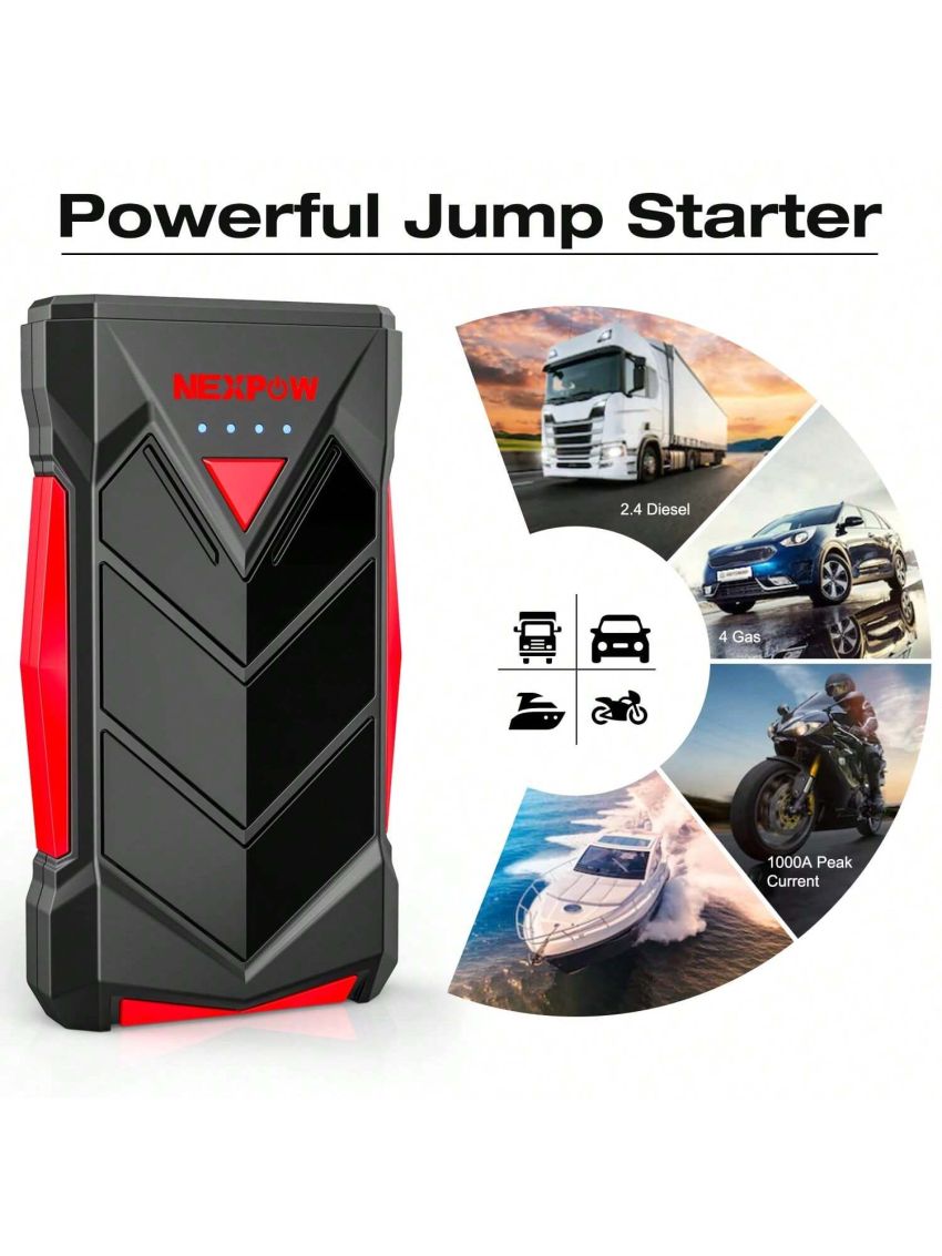 Portable,12V Car Battery Jump Starter Power Pack with USB Quick Charge (Up to 7L Gas or 5.5L Die Engine) Battery Booster with Built-in LED Light