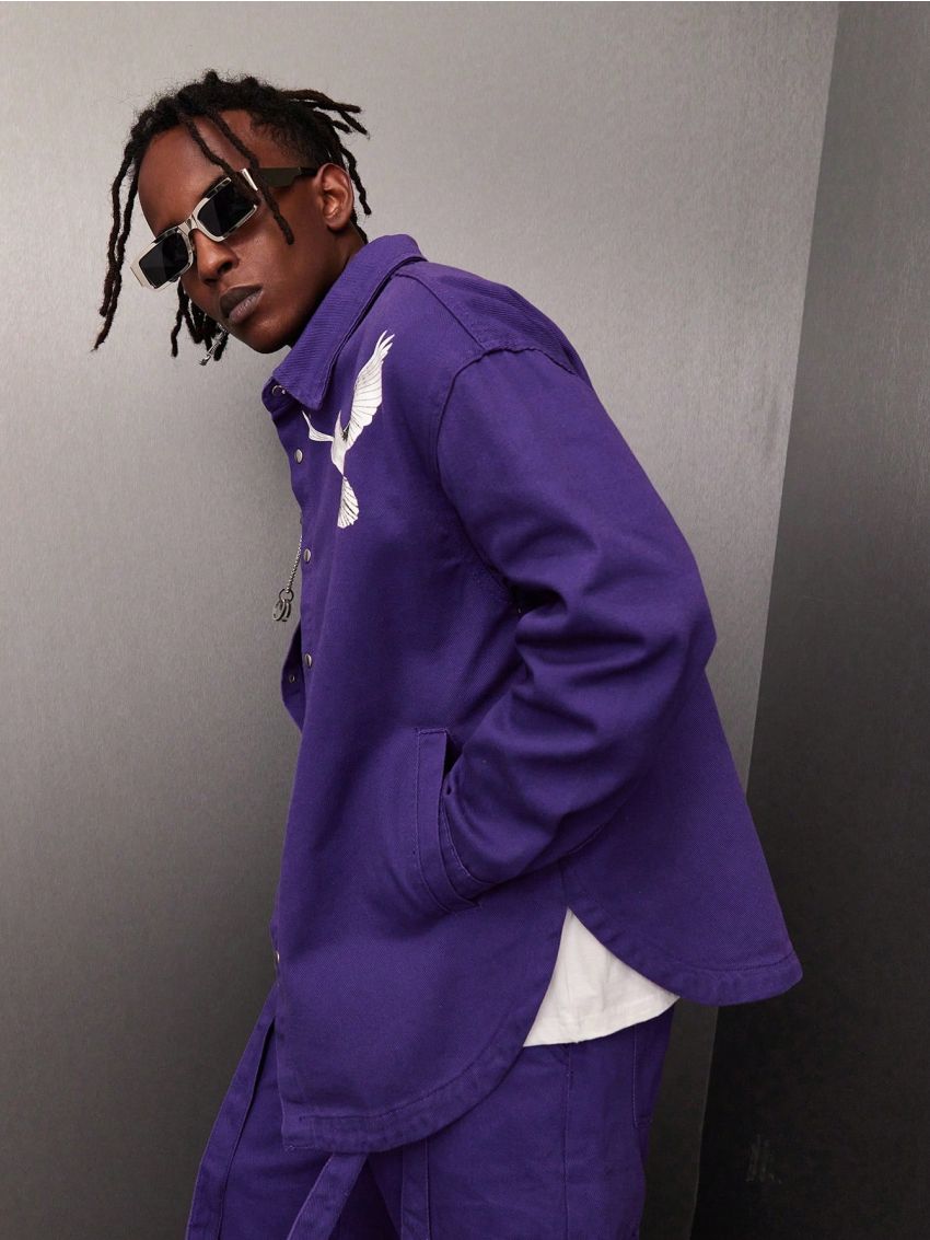 Men's Pigeon & Letter Printed Denim Shirt