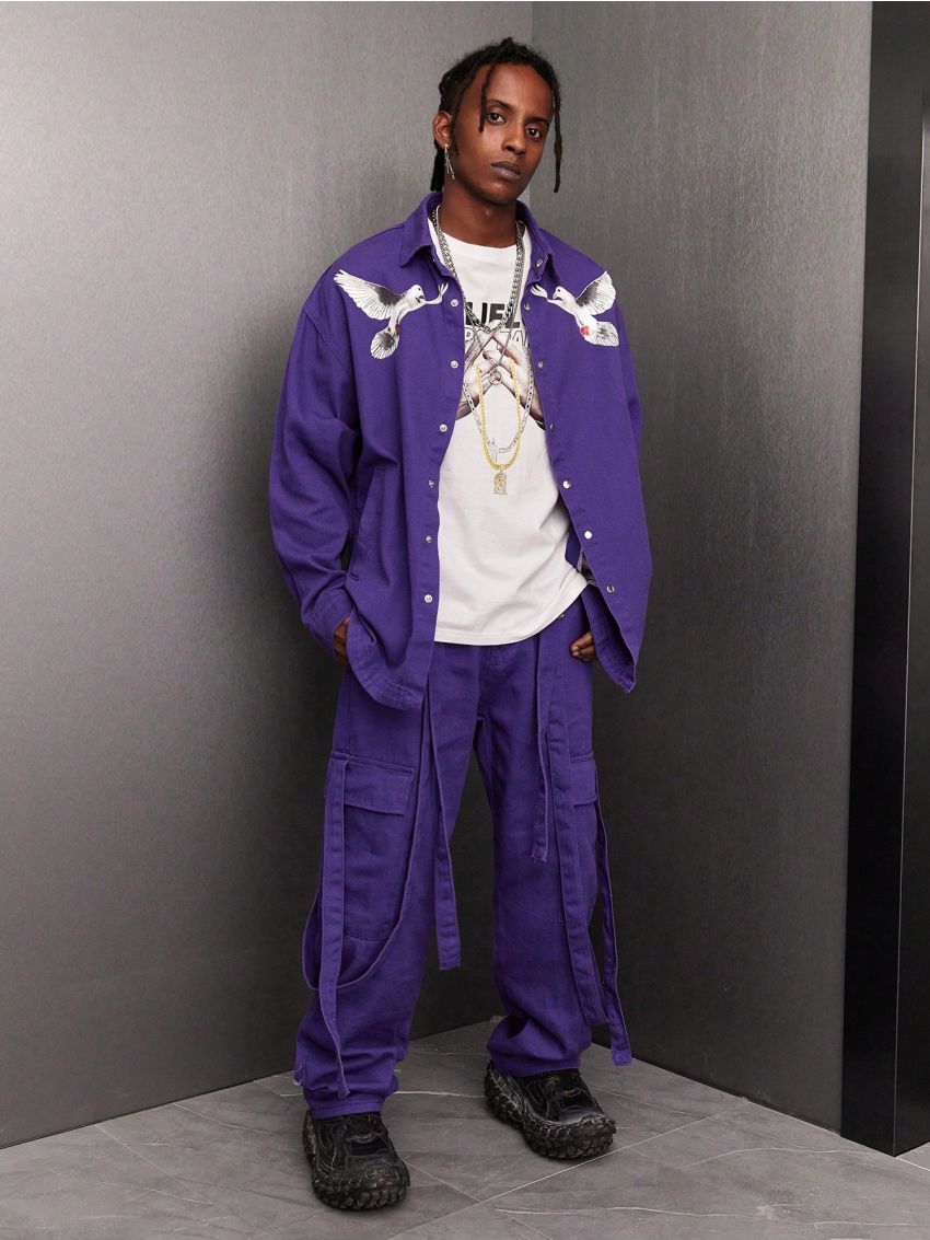 Men's Pigeon & Letter Printed Denim Shirt